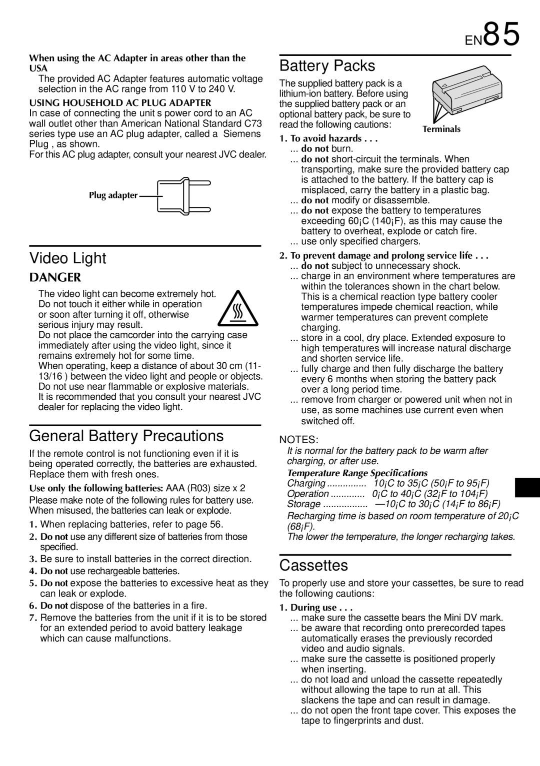 JVC GR-DVL510, GR-DVL815, GR-DVL310 specifications EN85, Usa 