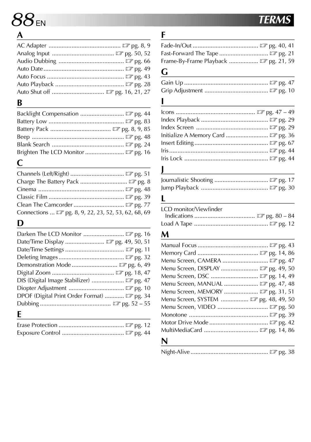 JVC GR-DVL510, GR-DVL815, GR-DVL310 specifications 88 EN, Terms 