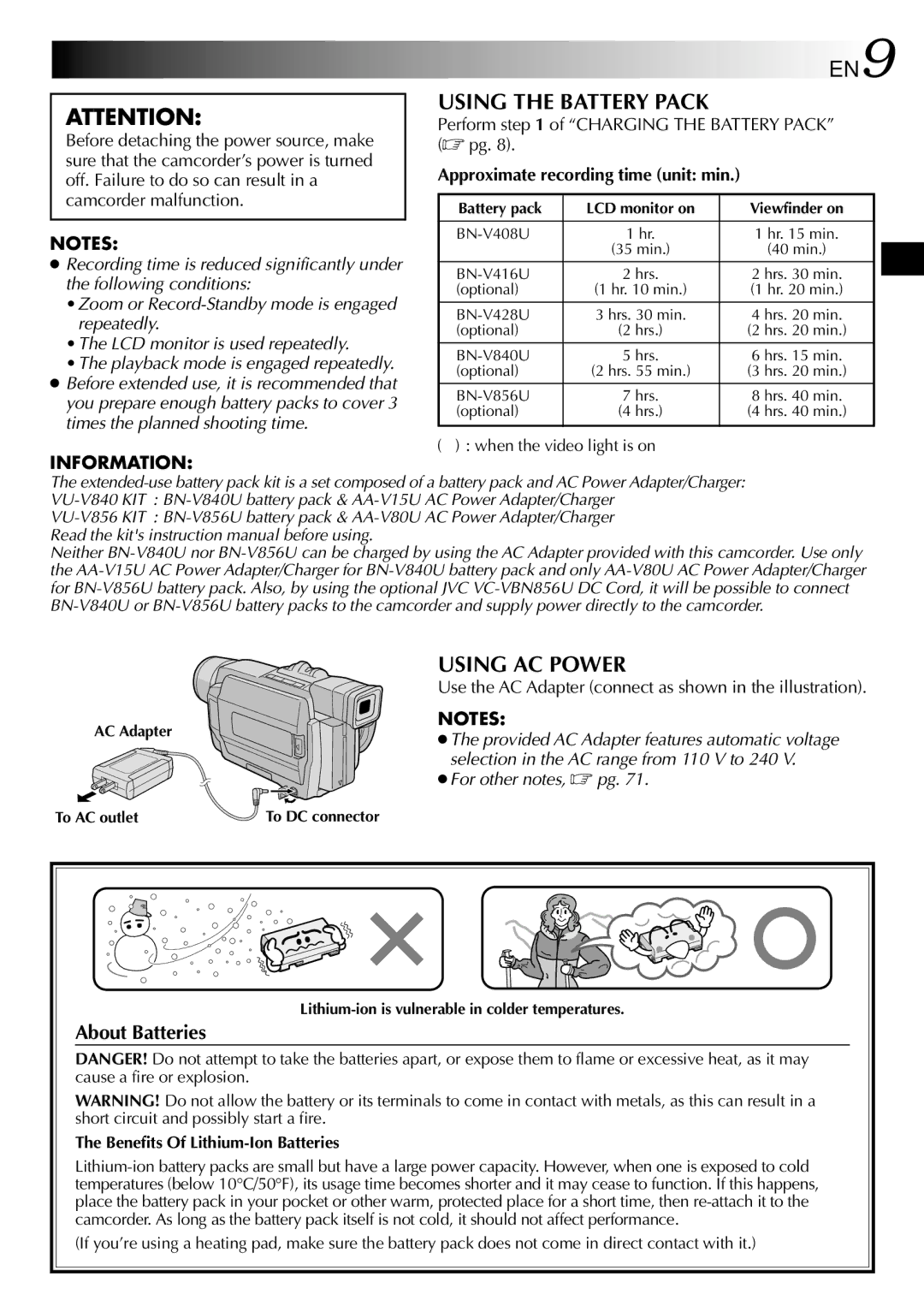 JVC GR-DVL815 Using the Battery Pack, Using AC Power, About Batteries, Selection in the AC range from 110 V to 240 