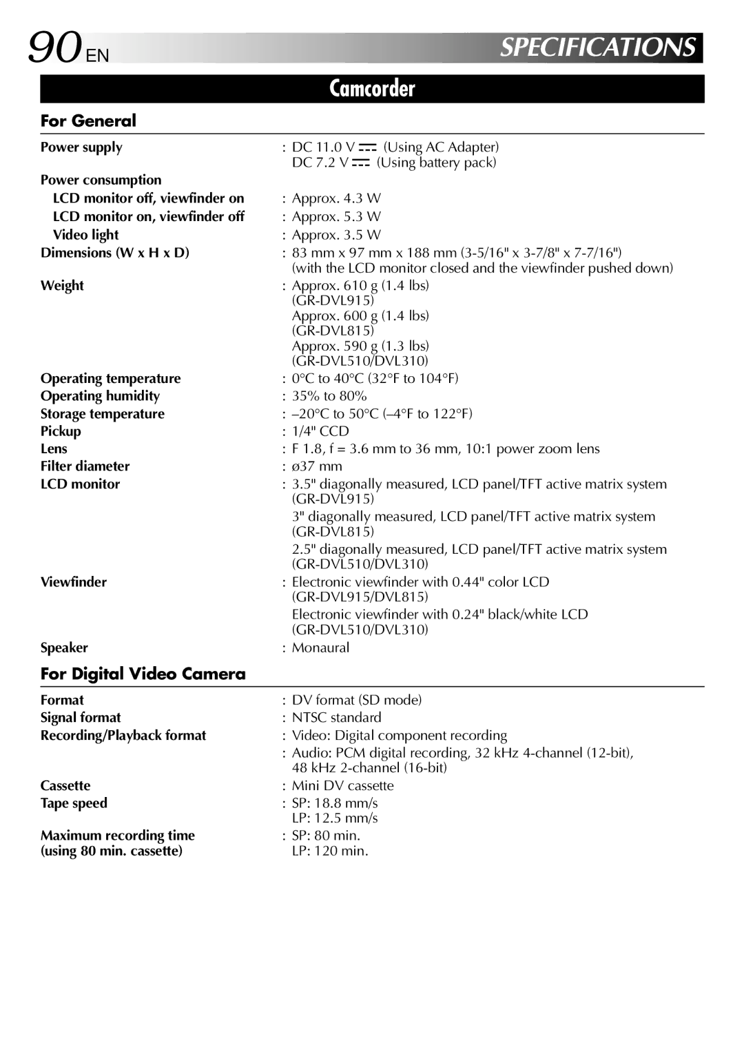 JVC GR-DVL815, GR-DVL510, GR-DVL310 specifications 90 EN, For General, For Digital Video Camera 