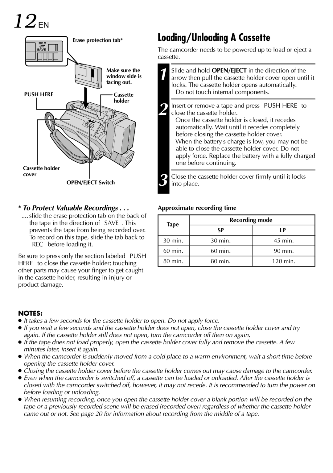 JVC GR-DVL815 specifications 12 EN, Loading/Unloading a Cassette, Approximate recording time 