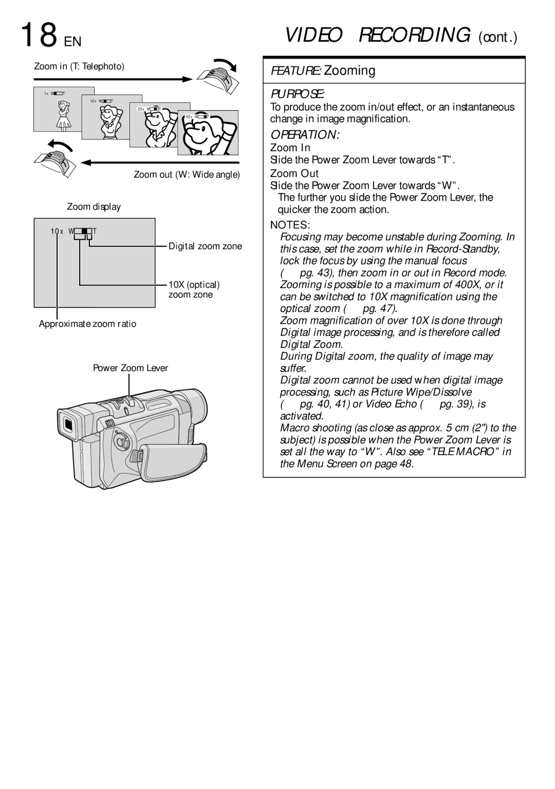 JVC GR-DVL815 specifications 18 EN, Slide the Power Zoom Lever towards T, Zoom Out 