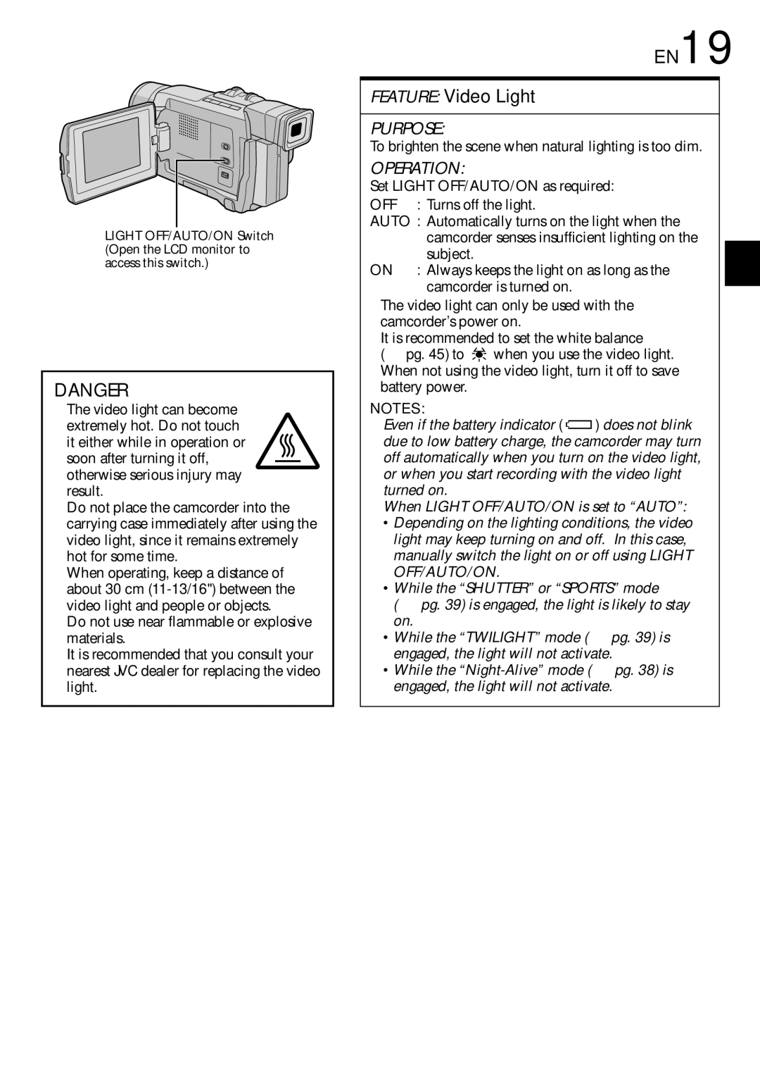 JVC GR-DVL815 specifications EN19, Feature Video Light, To brighten the scene when natural lighting is too dim 