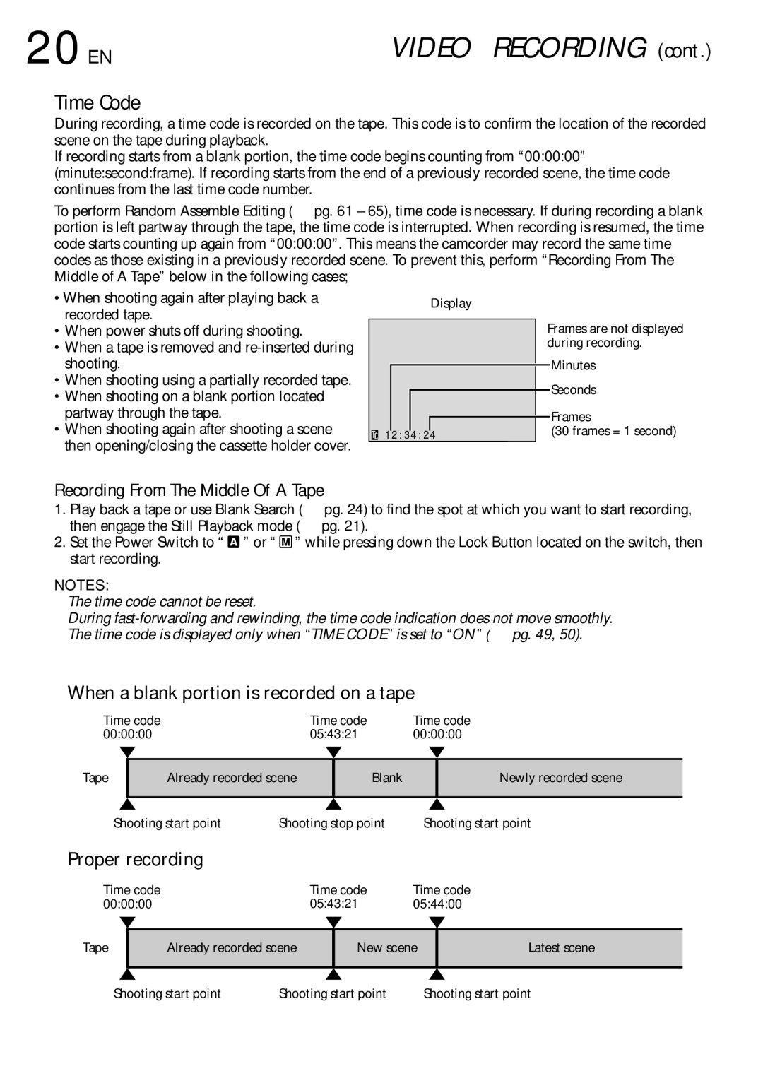 JVC GR-DVL815 specifications 20 EN, Time Code, When a blank portion is recorded on a tape, Proper recording 