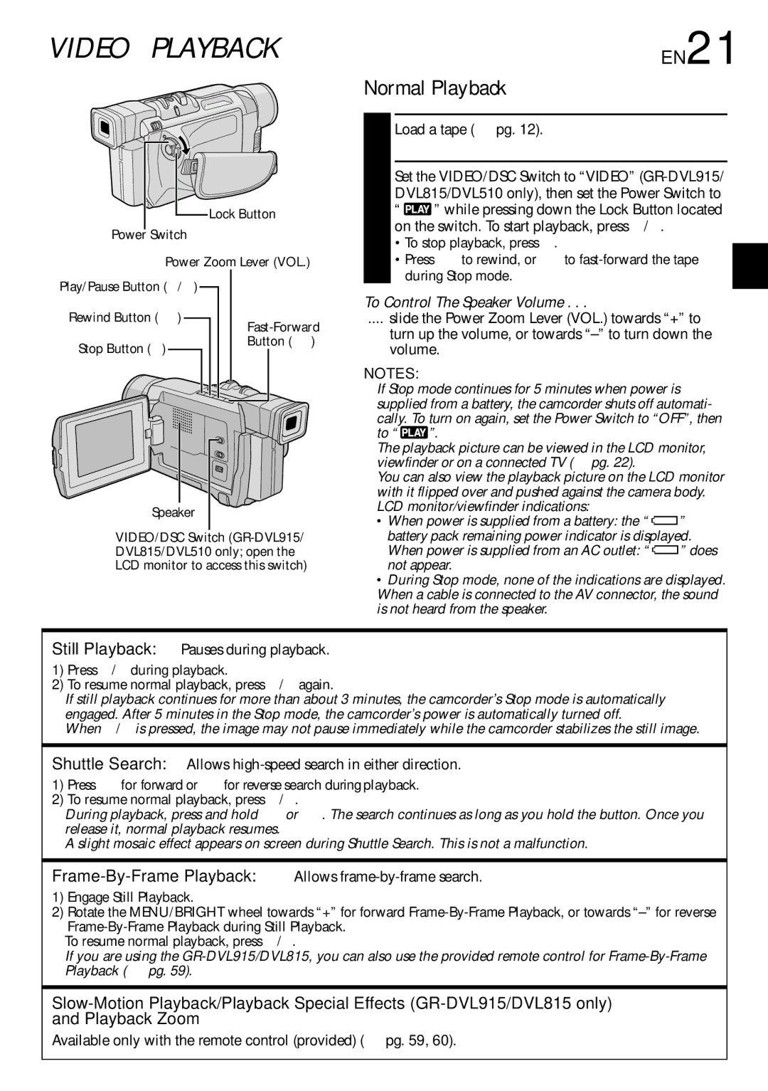 JVC GR-DVL815 specifications Video Playback, Normal Playback, EN21, To Control The Speaker Volume 