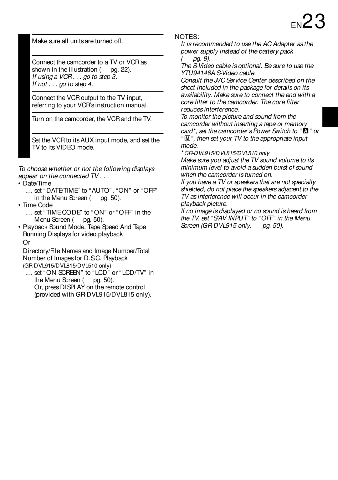 JVC GR-DVL815 specifications EN23, If using a VCR . . . go to step If not . . . go to step 