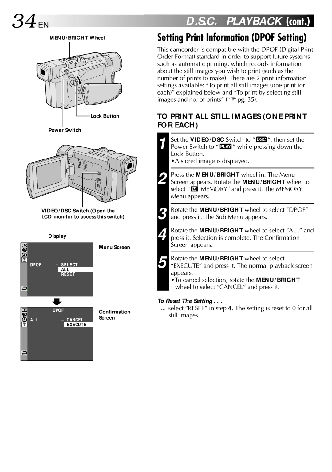 JVC GR-DVL815 specifications 34 EN, To Print ALL Still Images ONE Print for Each, To Reset The Setting 