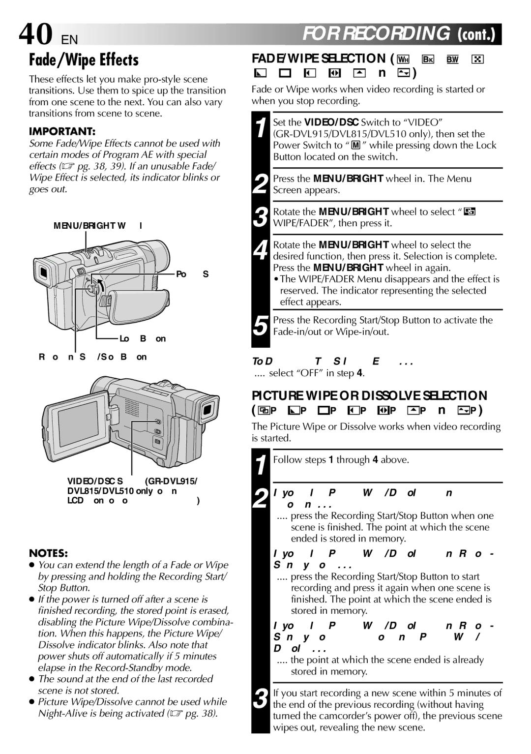 JVC GR-DVL815 specifications 40 EN, Fade/Wipe Effects, FADE/WIPE Selection, Picture Wipe or Dissolve Selection 