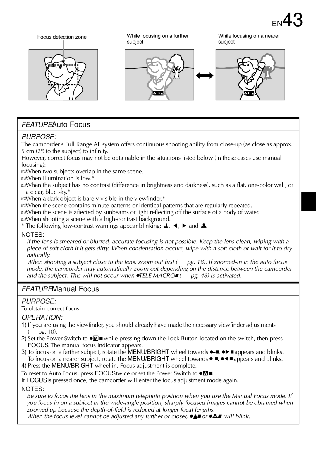 JVC GR-DVL815 specifications EN43, Feature Auto Focus, Feature Manual Focus, To obtain correct focus 