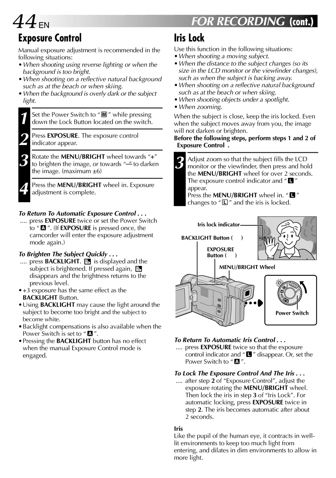 JVC GR-DVL815 specifications 44 EN, Exposure Control, Iris Lock 