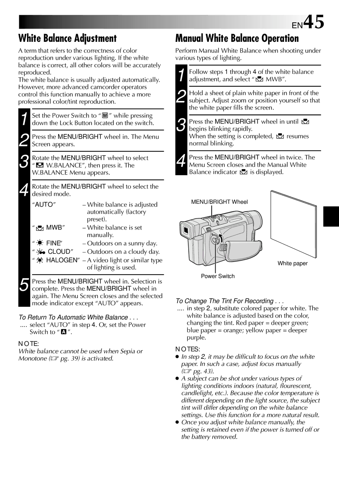 JVC GR-DVL815 White Balance Adjustment, Manual White Balance Operation, EN45, To Return To Automatic White Balance 