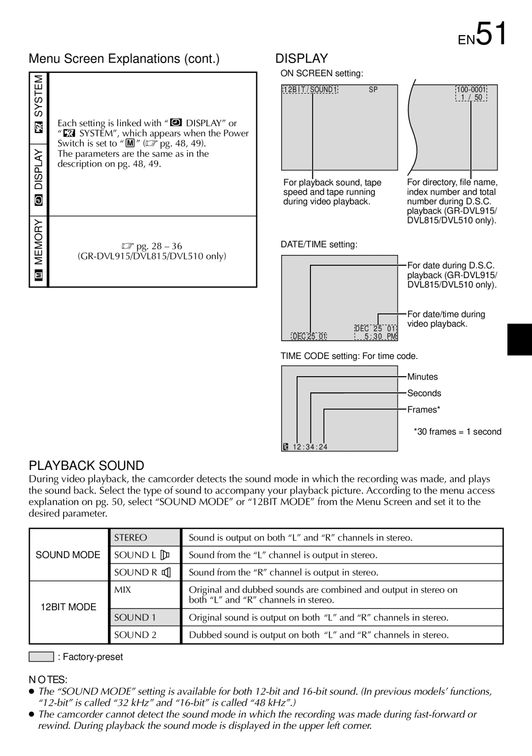 JVC GR-DVL815 specifications Display, EN51, Playback Sound 