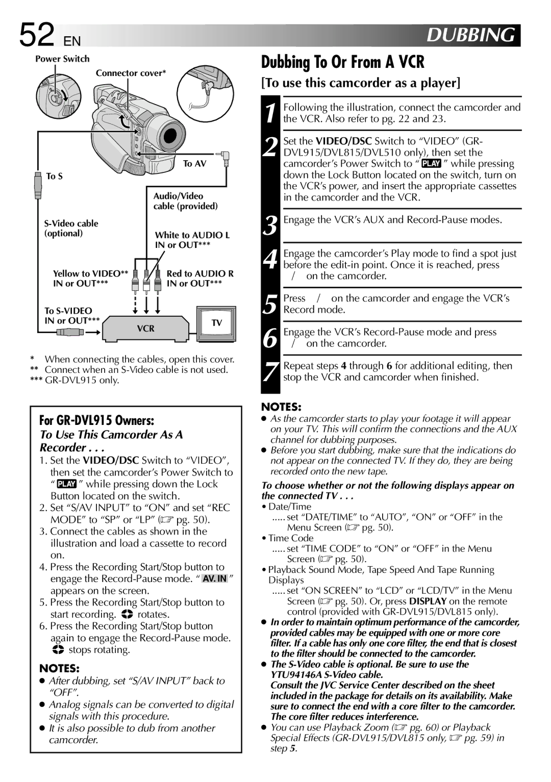 JVC GR-DVL815 specifications 52 EN, Dubbing To Or From a VCR, To use this camcorder as a player, For GR-DVL915 Owners 