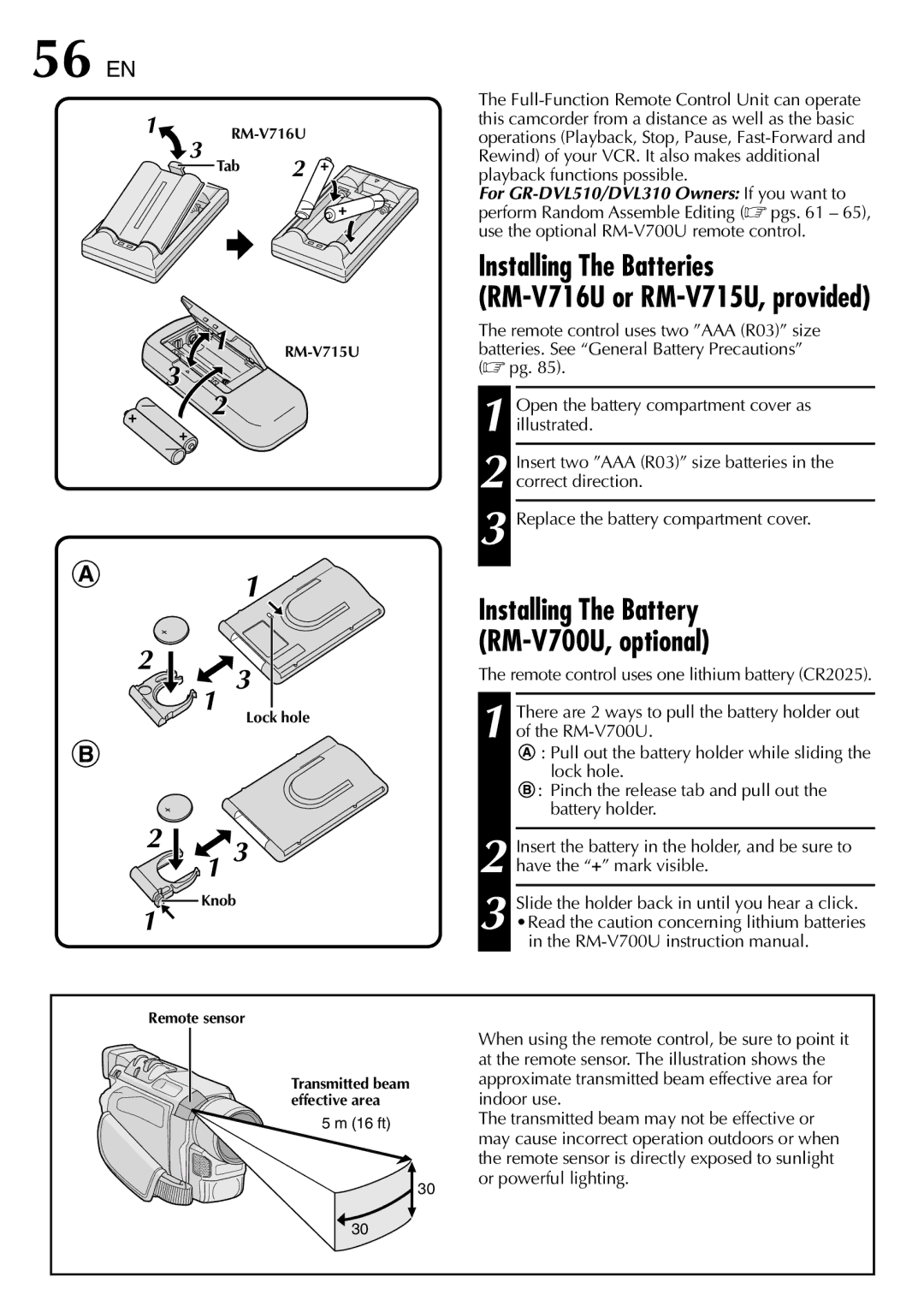 JVC GR-DVL815 56 EN, Installing The Batteries RM-V716U or RM-V715U, provided, Installing The Battery RM-V700U, optional 