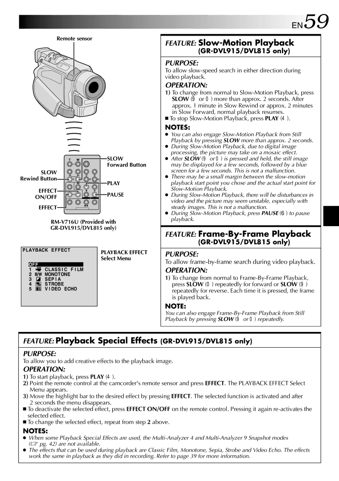 JVC GR-DVL815 specifications EN59, Feature Slow-Motion Playback, Feature Frame-By-Frame Playback, GR-DVL915/DVL815 only 