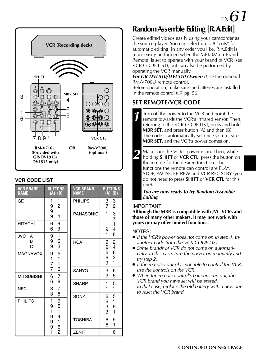 JVC GR-DVL815 specifications EN61, SET REMOTE/VCR Code, VCR Recording deck, For GR-DVL510/DVL310 Owners Use the optional 