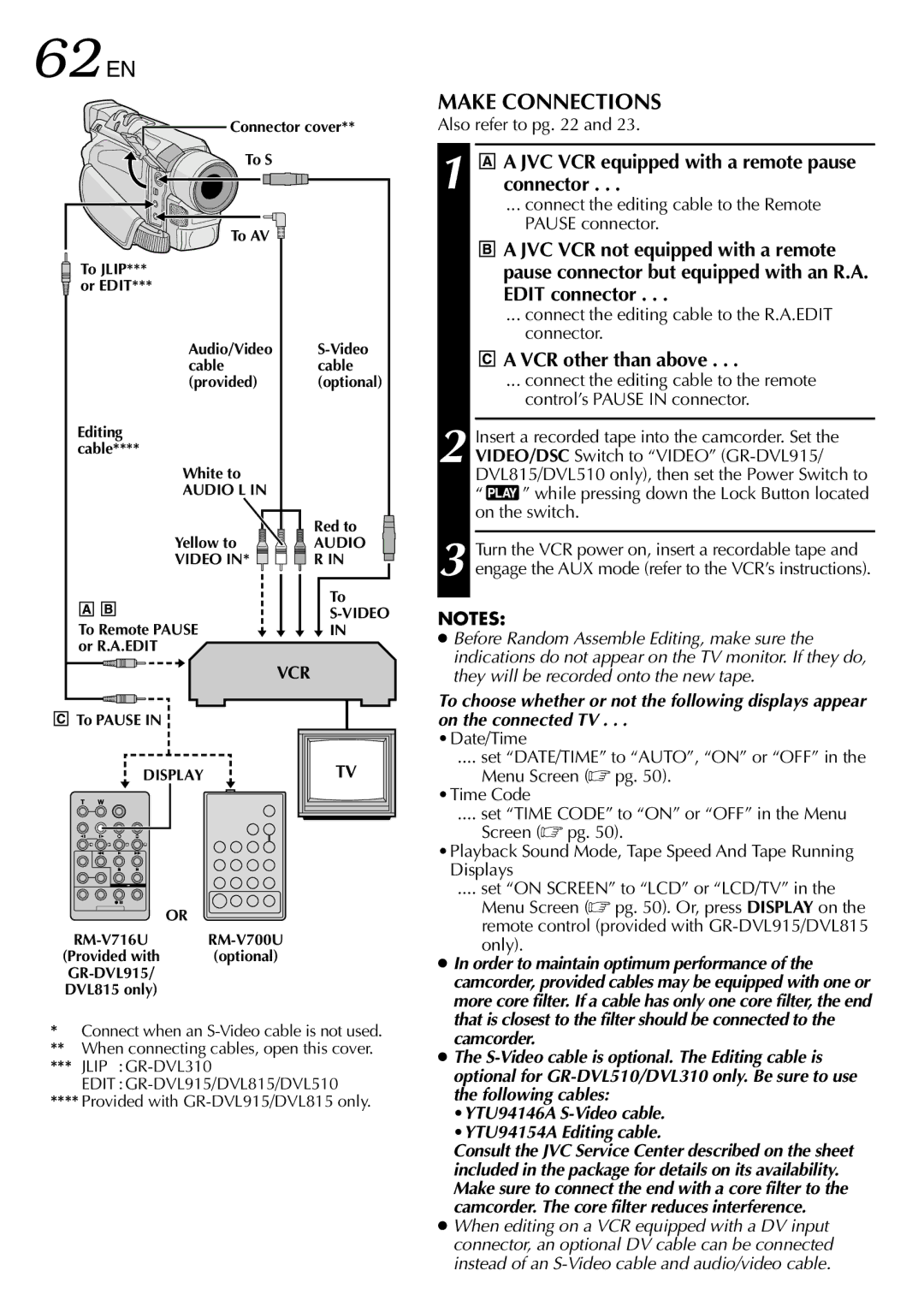 JVC GR-DVL815 specifications 62 EN, Make Connections, JVC VCR equipped with a remote pause connector, VCR other than above 