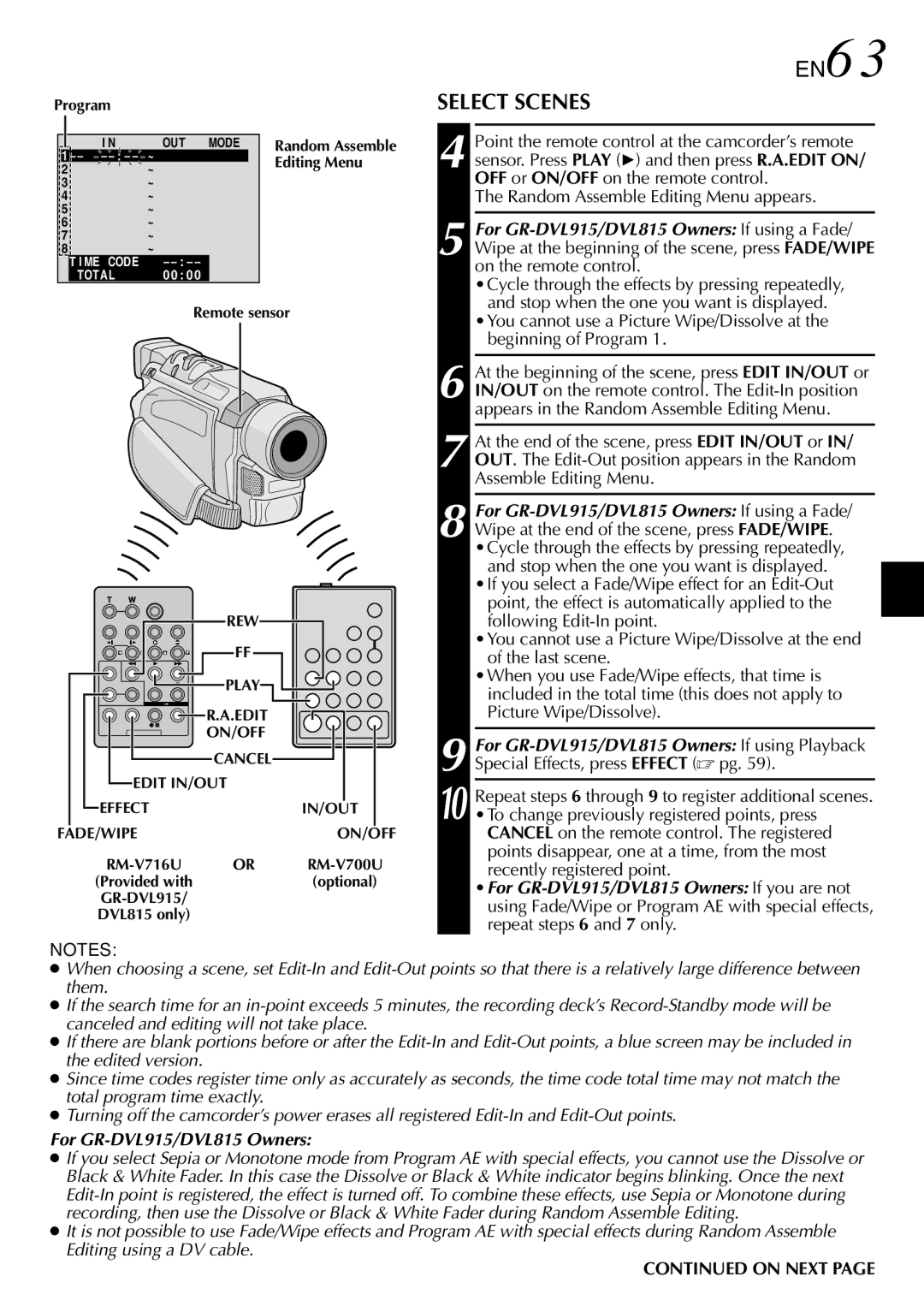 JVC GR-DVL815 specifications EN63, Select Scenes, Random Assemble Editing Menu appears, For GR-DVL915/DVL815 Owners 