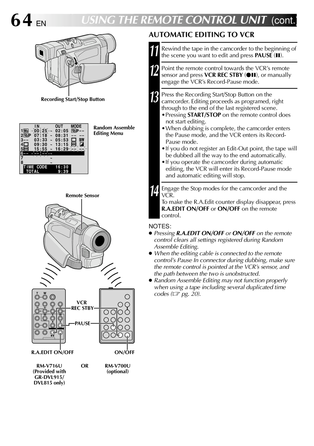 JVC GR-DVL815 specifications 64 EN, Automatic Editing to VCR 