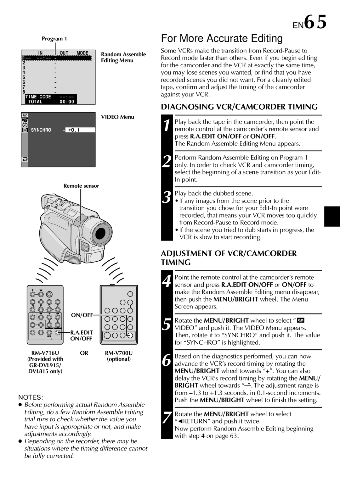 JVC GR-DVL815 For More Accurate Editing, EN65, Diagnosing VCR/CAMCORDER Timing, Adjustment of VCR/CAMCORDER Timing 