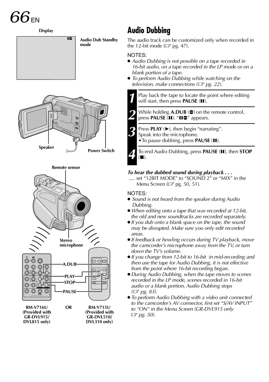 JVC GR-DVL815 specifications 66 EN, Audio Dubbing, To hear the dubbed sound during playback 