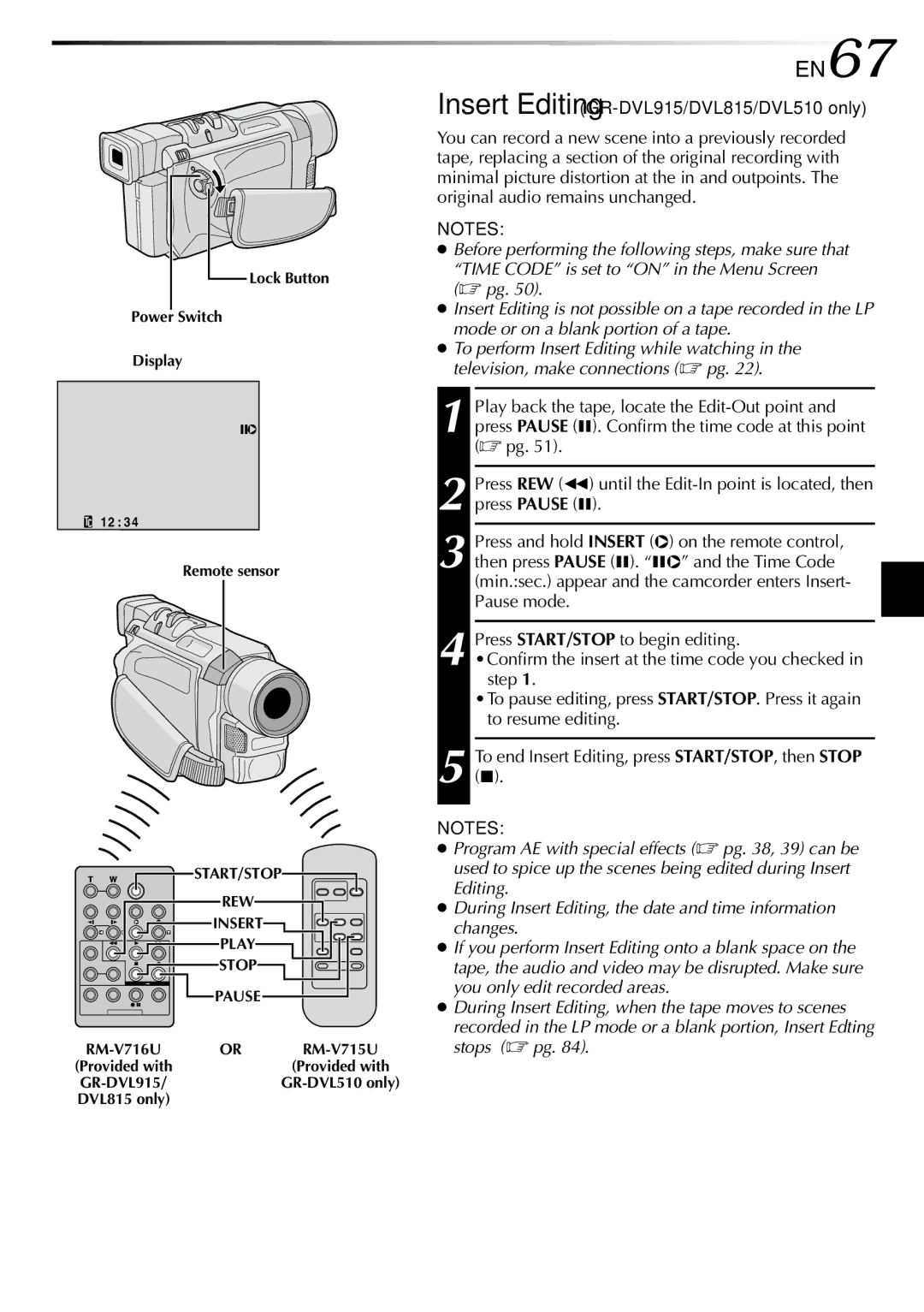 JVC GR-DVL815 specifications EN67, Insert Editing GR-DVL915/DVL815/DVL510 only 