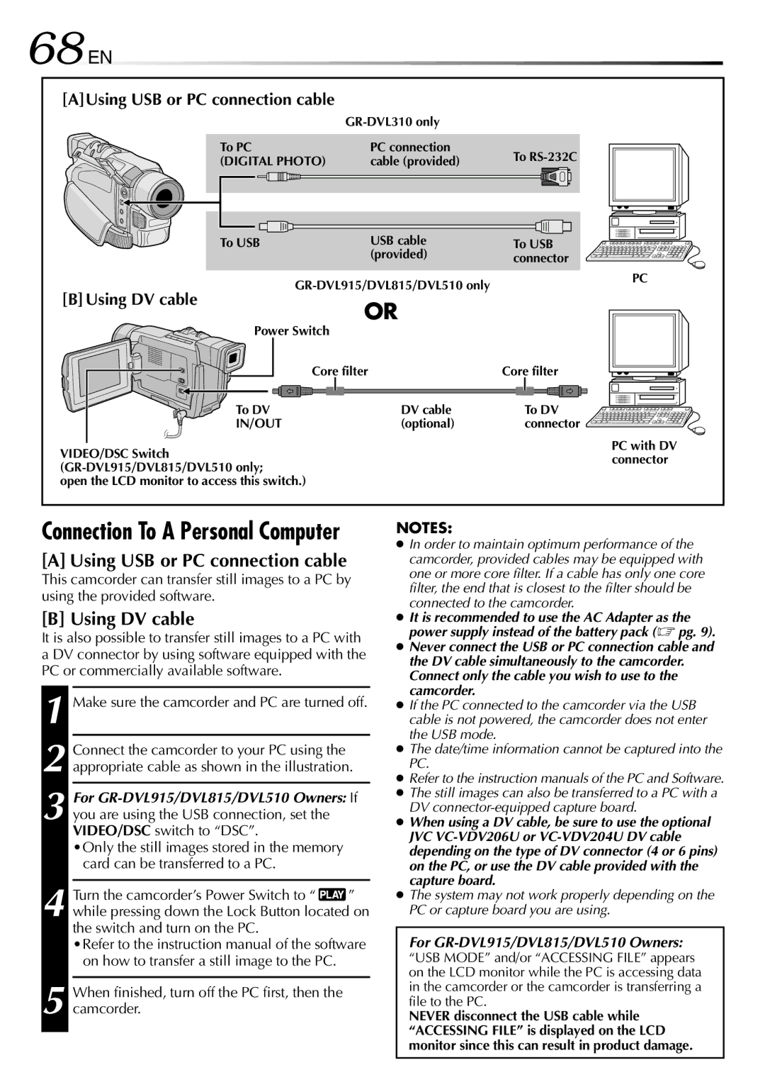 JVC GR-DVL815 specifications Using DV cable, AUsing USB or PC connection cable, For GR-DVL915/DVL815/DVL510 Owners 