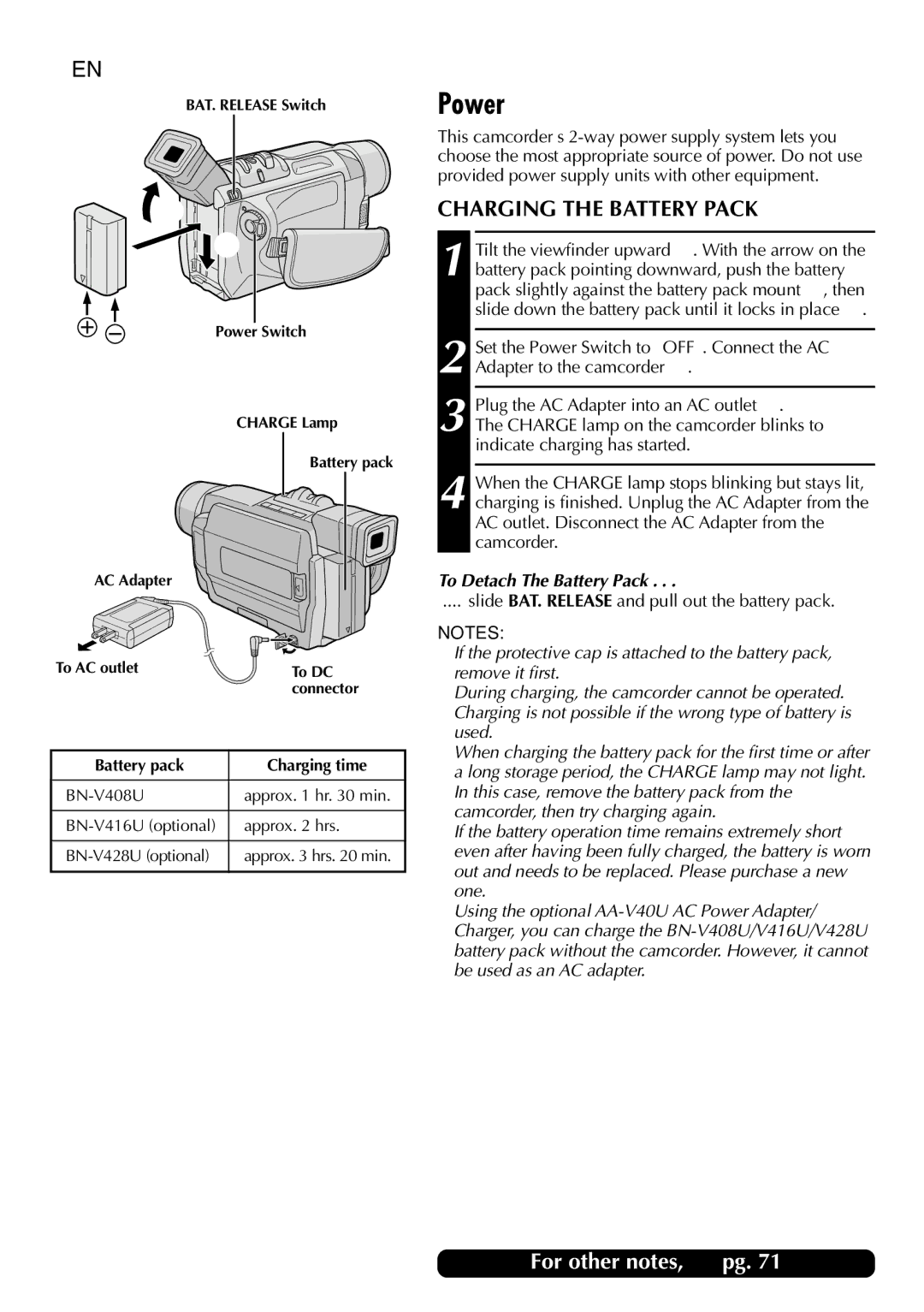 JVC GR-DVL815 specifications Power, Charging the Battery Pack, To Detach The Battery Pack 