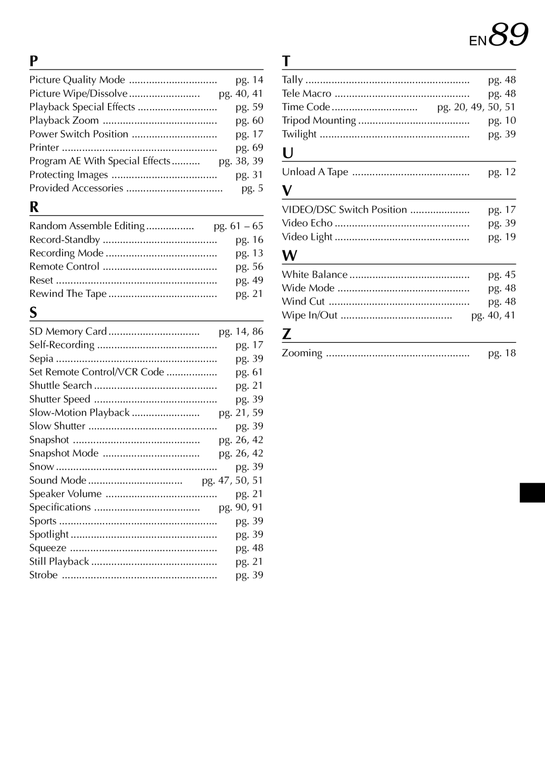 JVC GR-DVL815 specifications EN89, Time Code  pg , 49, 50 