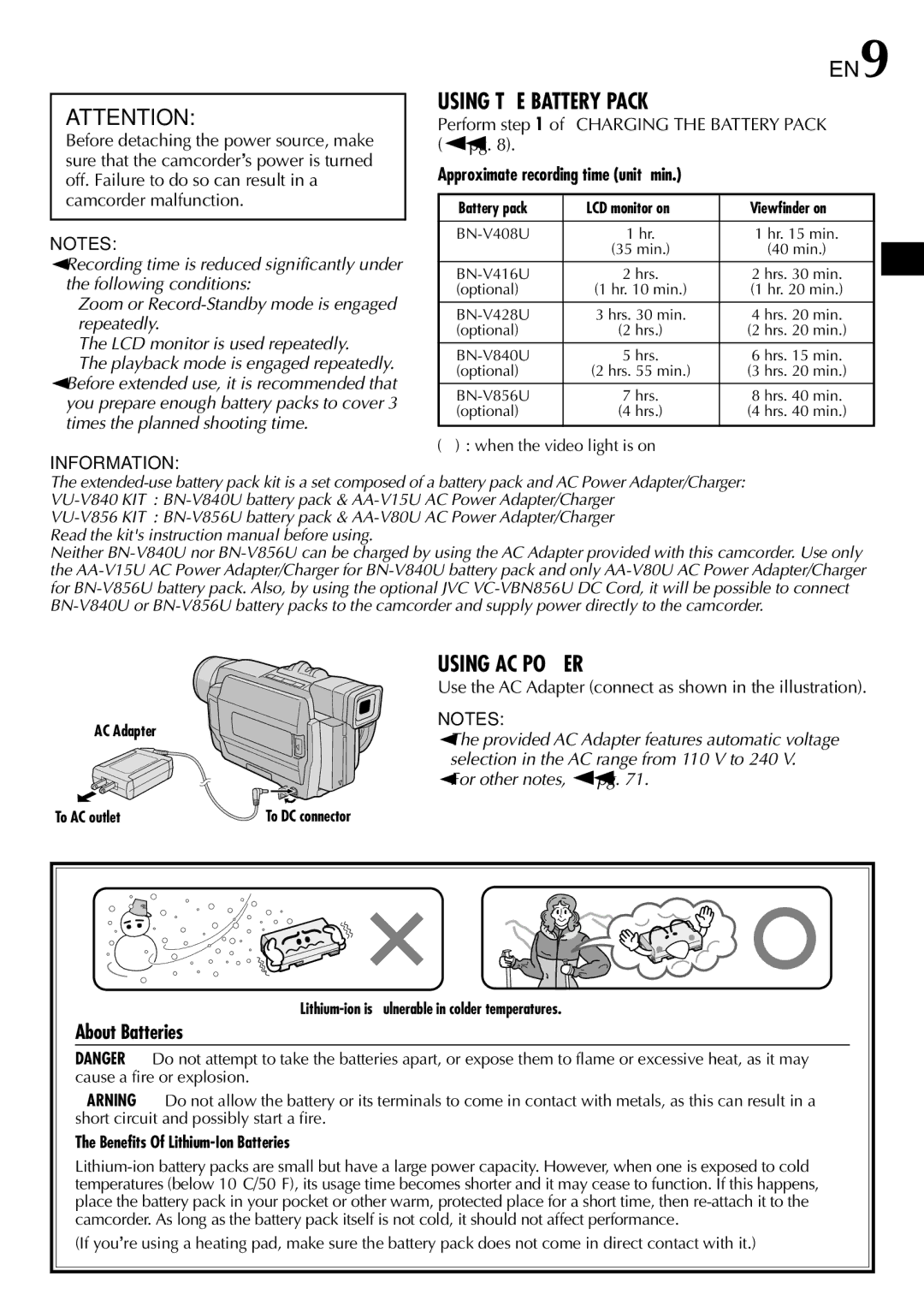 JVC GR-DVL815 Using the Battery Pack, Using AC Power, About Batteries, Selection in the AC range from 110 V to 240 