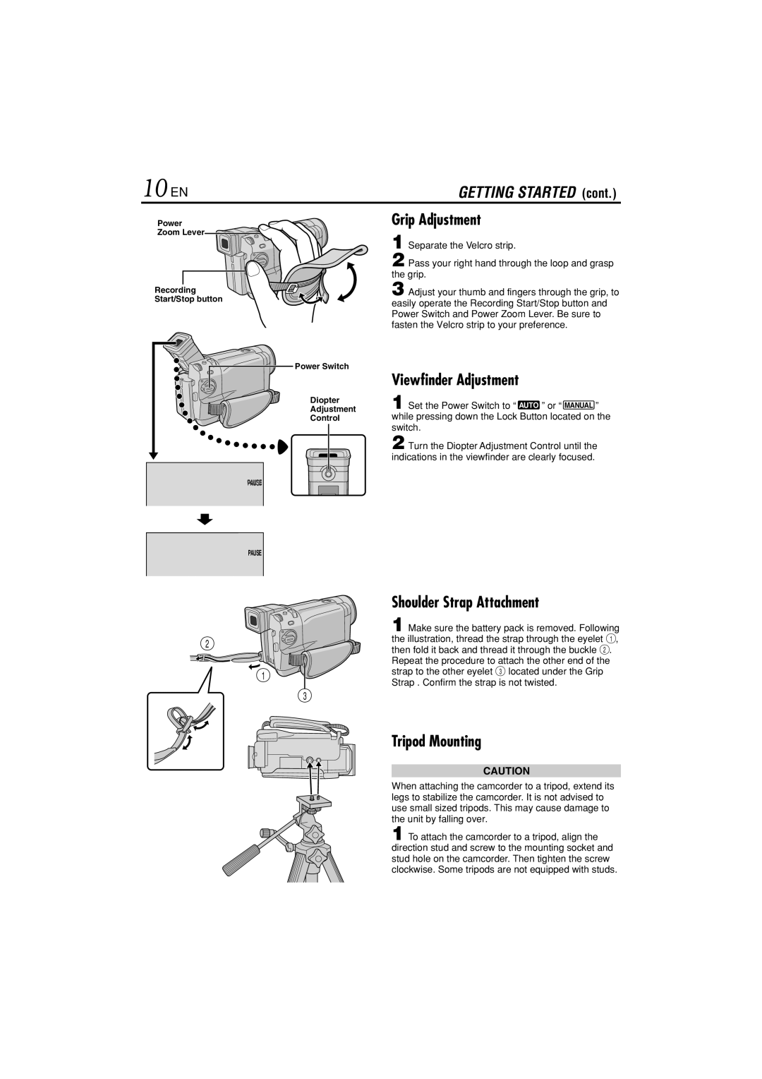 JVC GR-DVL822U specifications 10 EN, Grip Adjustment, Viewfinder Adjustment, Shoulder Strap Attachment, Tripod Mounting 