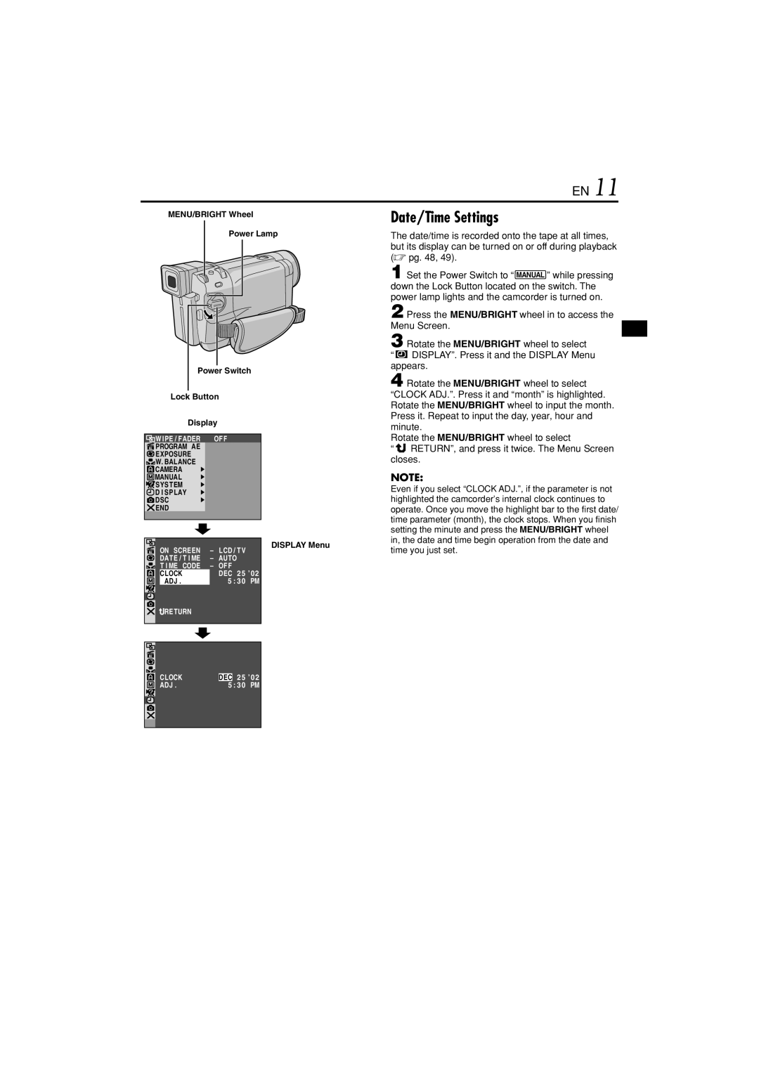 JVC GR-DVL822U specifications Date/Time Settings, MENU/BRIGHT Wheel Power Lamp, Lock Button Display 