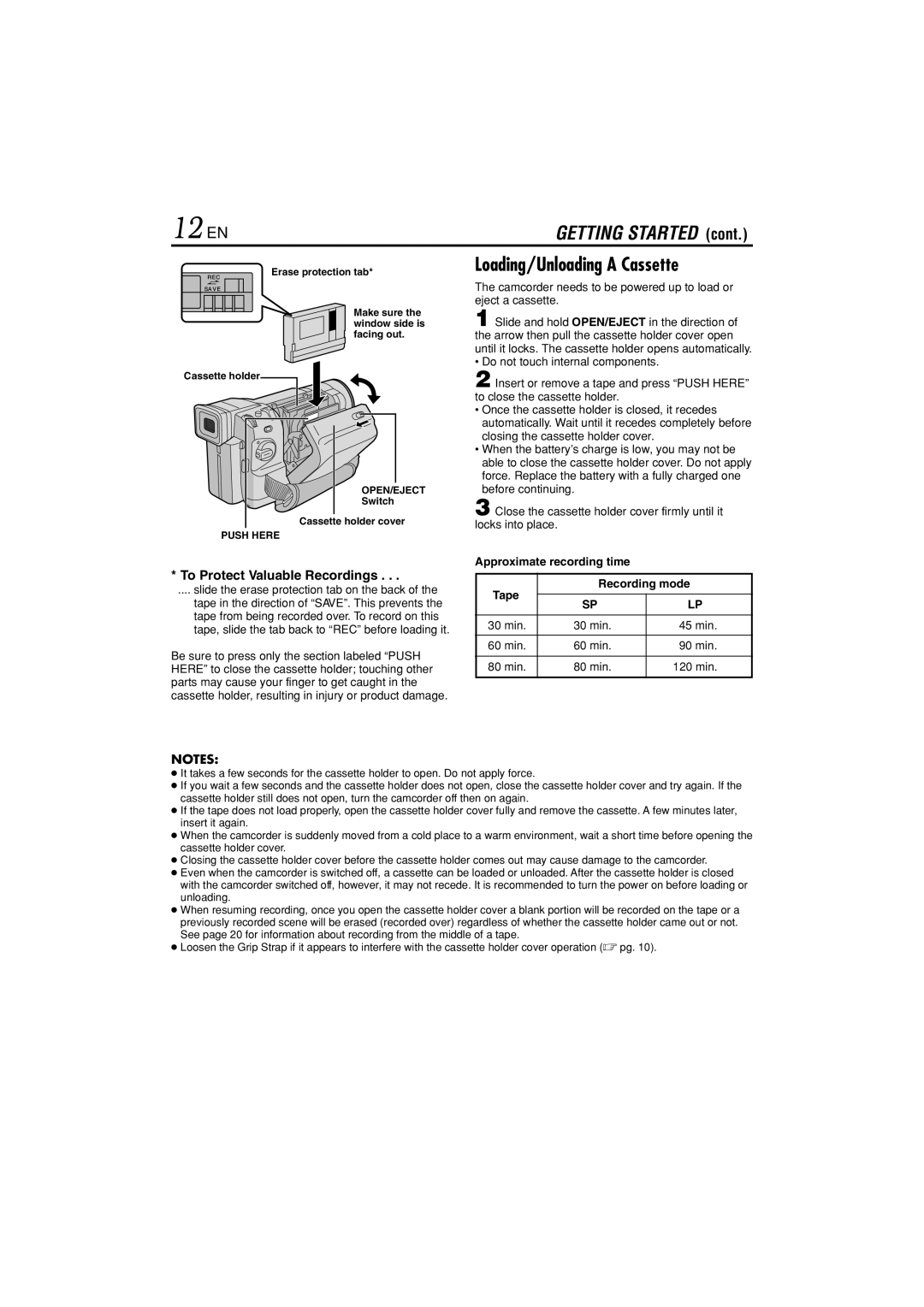 JVC GR-DVL822U specifications 12 EN, Loading/Unloading a Cassette, Approximate recording time Tape Recording mode 