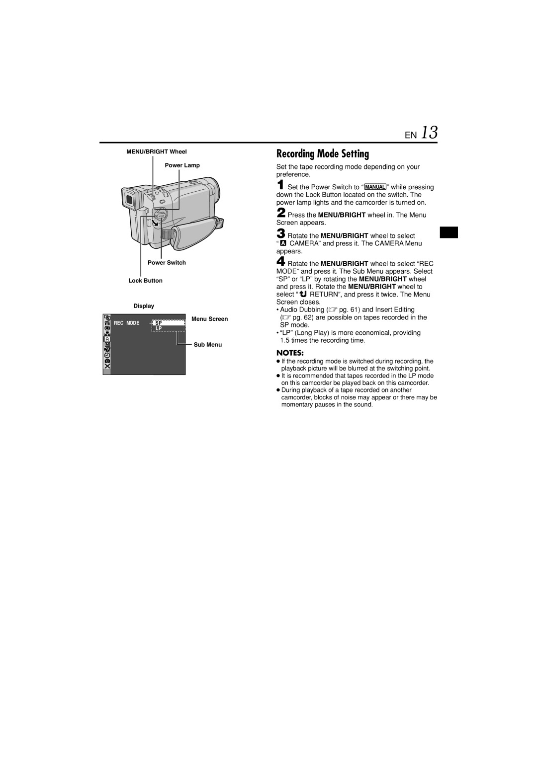 JVC GR-DVL822U specifications Recording Mode Setting, Set the tape recording mode depending on your preference, SP mode 