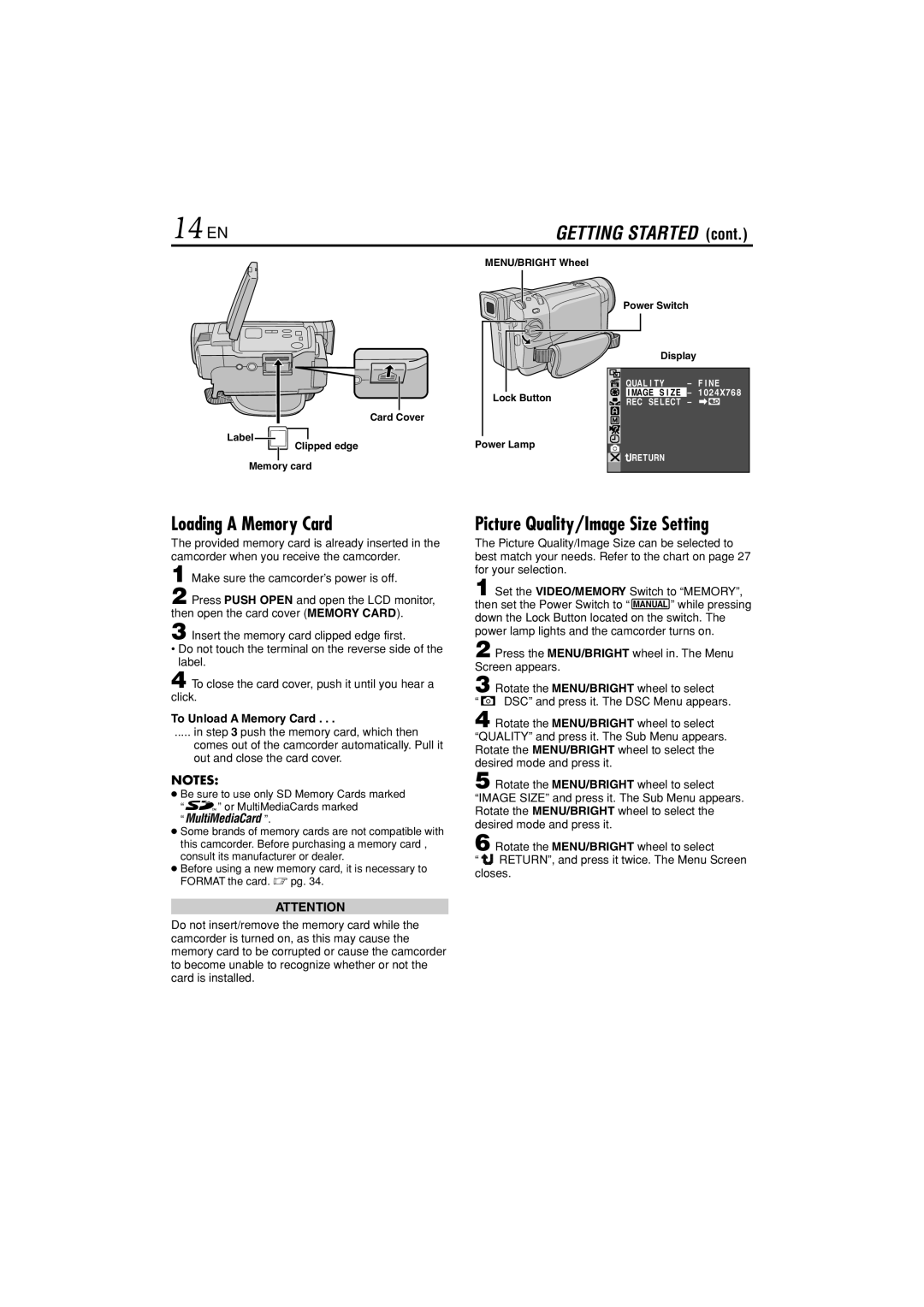 JVC GR-DVL822U specifications Loading a Memory Card, Picture Quality/Image Size Setting, To Unload a Memory Card 