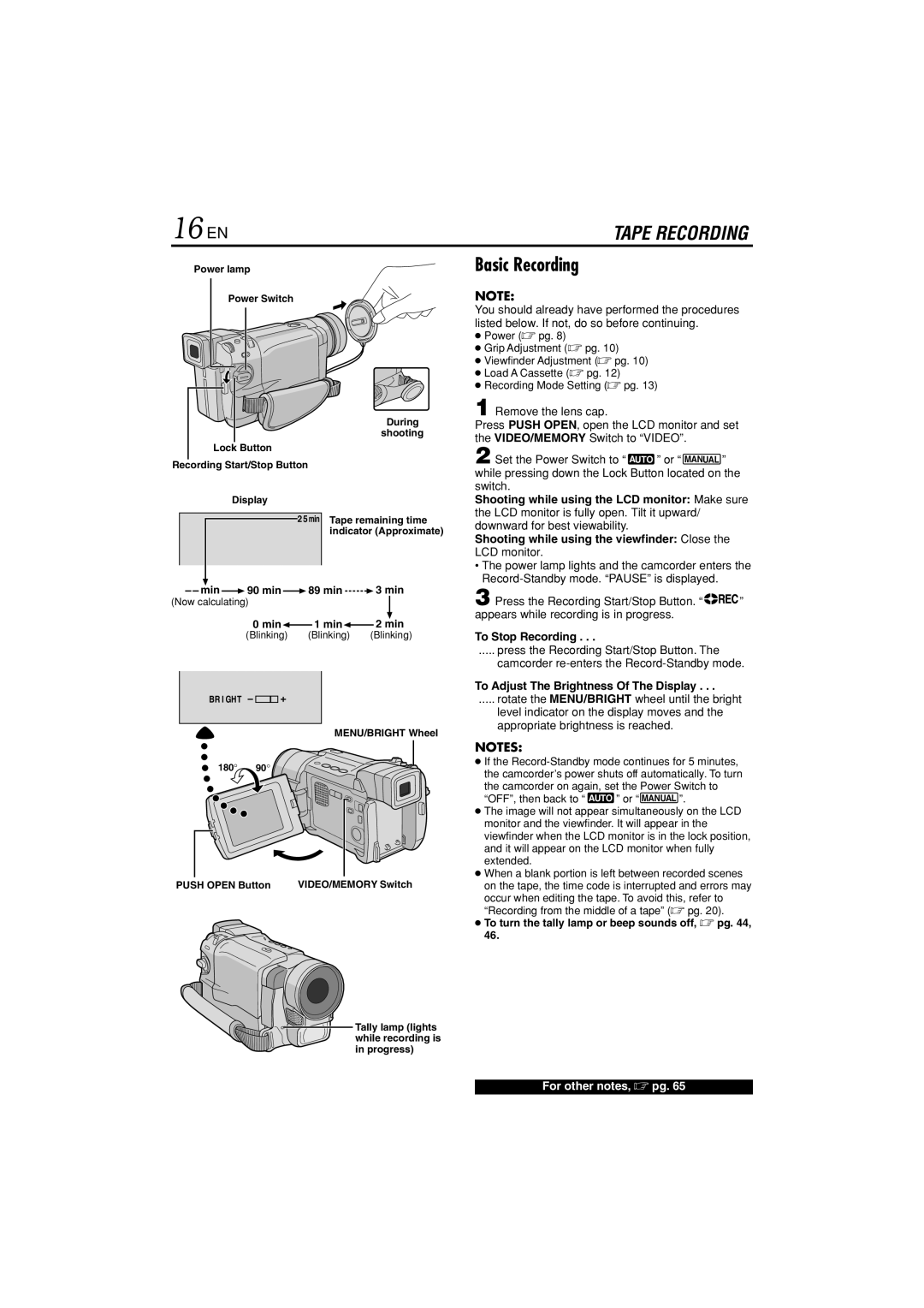 JVC GR-DVL822U specifications 16 EN, Basic Recording, To Stop Recording, To Adjust The Brightness Of The Display 