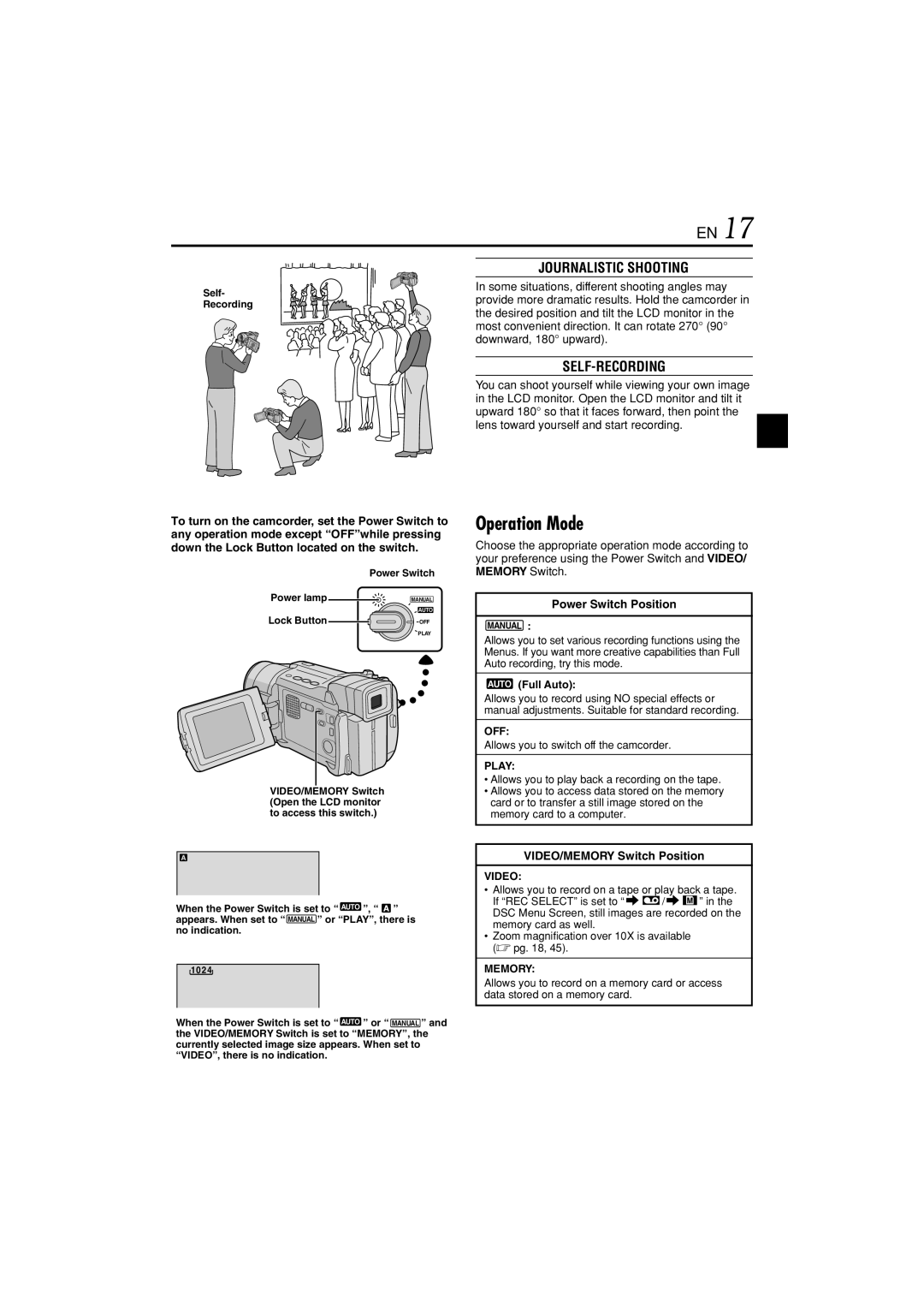 JVC GR-DVL822U Operation Mode, Journalistic Shooting, Self-Recording, Power Switch Position, VIDEO/MEMORY Switch Position 