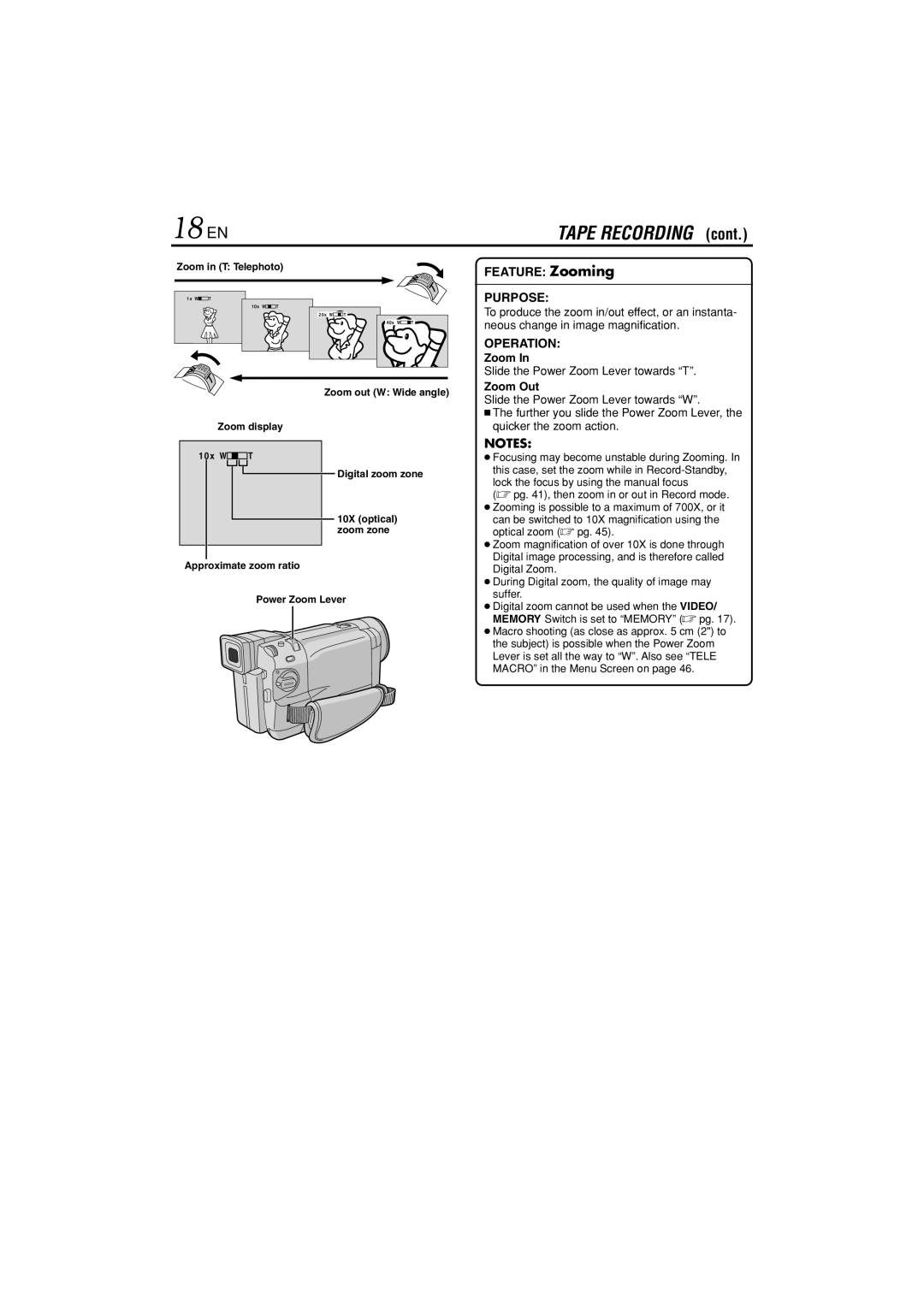 JVC GR-DVL822U specifications 18 EN, Slide the Power Zoom Lever towards T, Zoom Out 