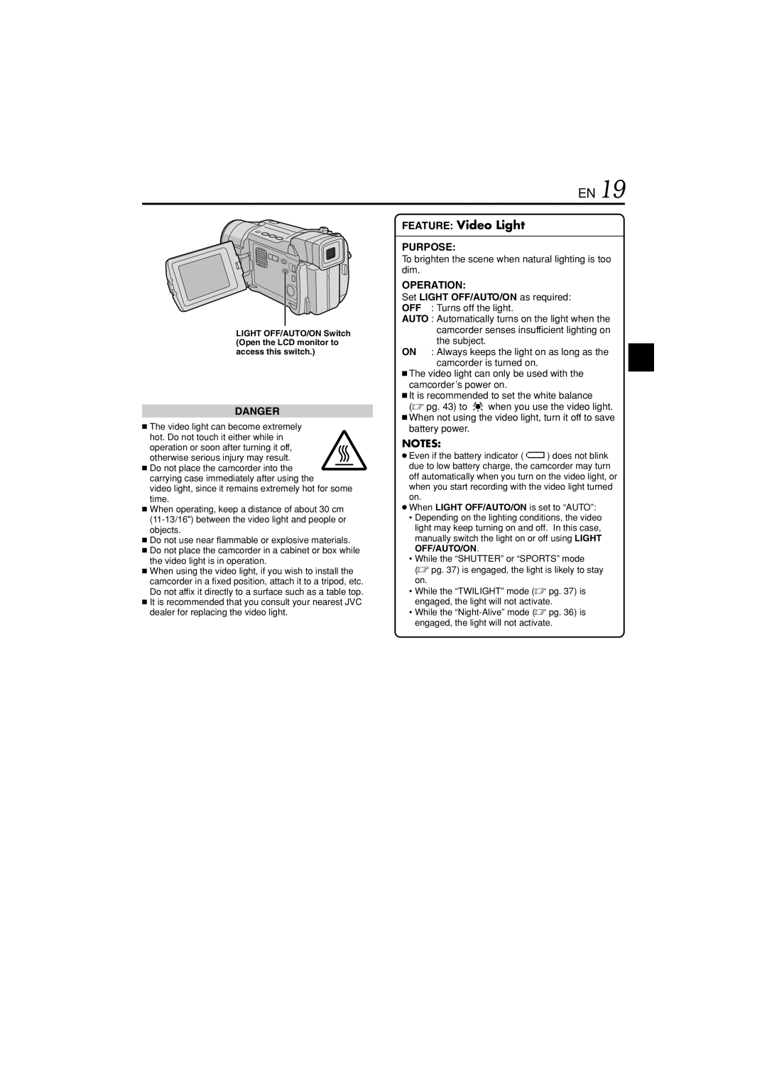 JVC GR-DVL822U specifications To brighten the scene when natural lighting is too dim 