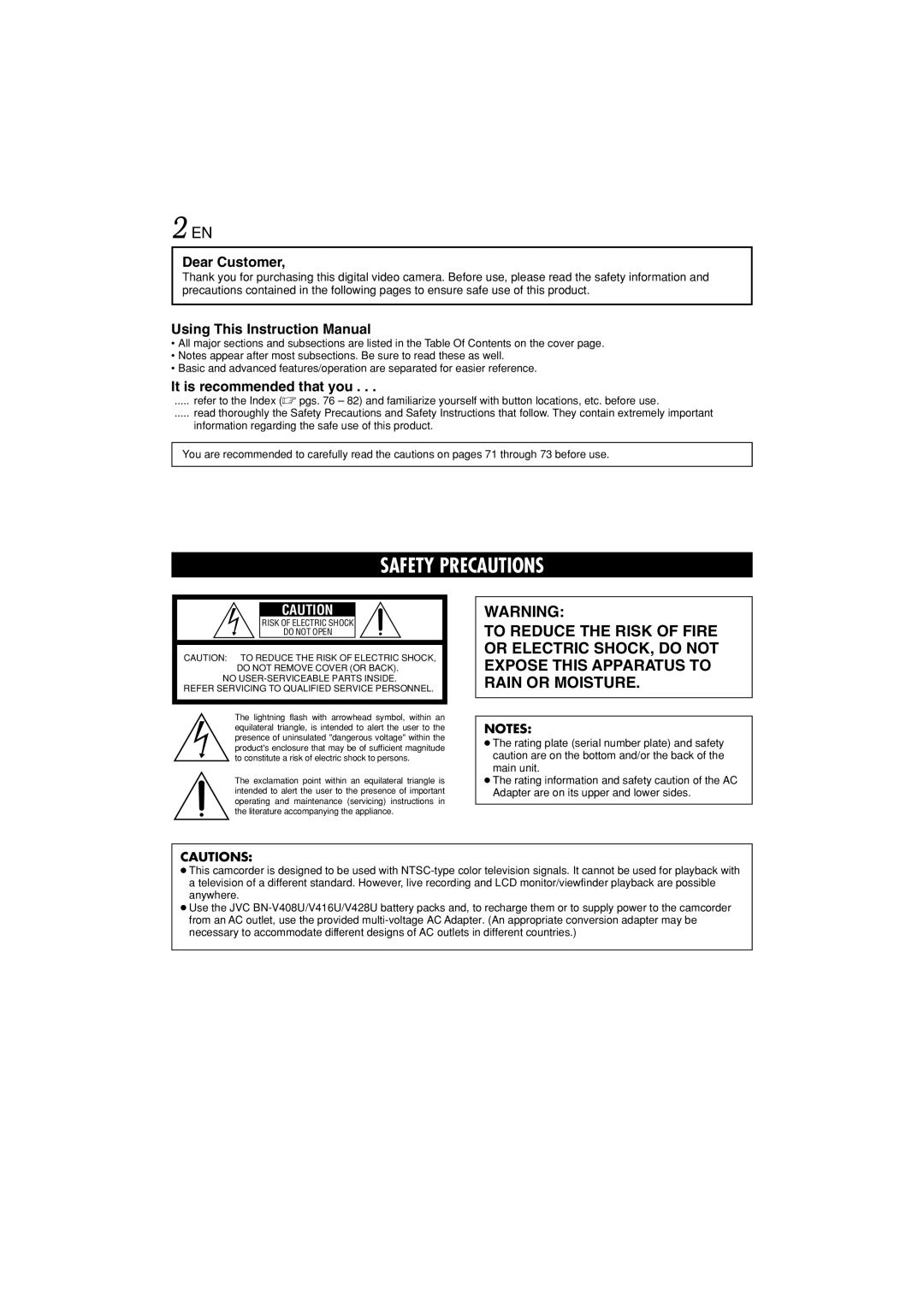 JVC GR-DVL822U specifications Dear Customer, It is recommended that you 