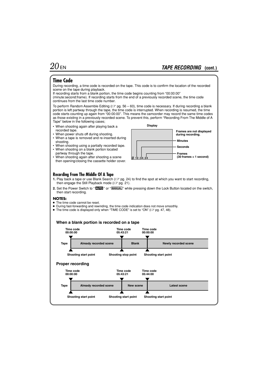 JVC GR-DVL822U specifications 20 EN, Time Code, When a blank portion is recorded on a tape, Proper recording 