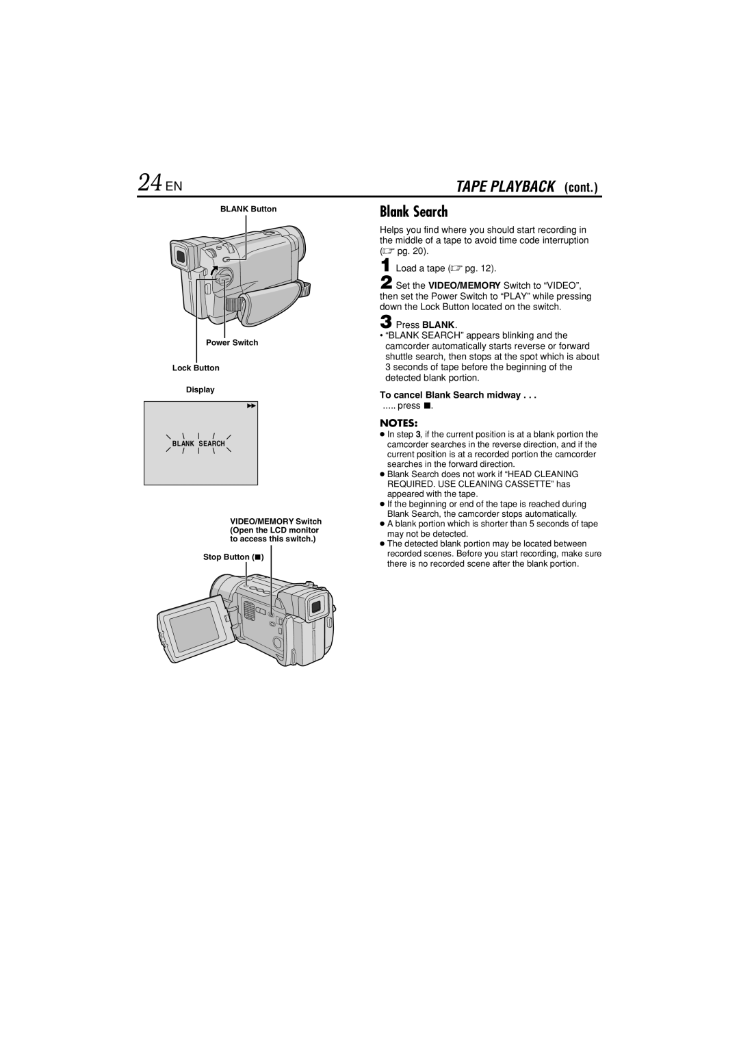 JVC GR-DVL822U specifications 24 EN, To cancel Blank Search midway, Press 