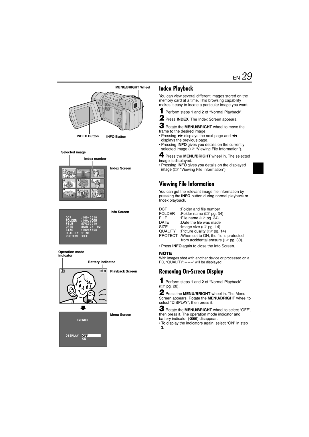 JVC GR-DVL822U specifications Index Playback, Viewing File Information, Removing On-Screen Display 