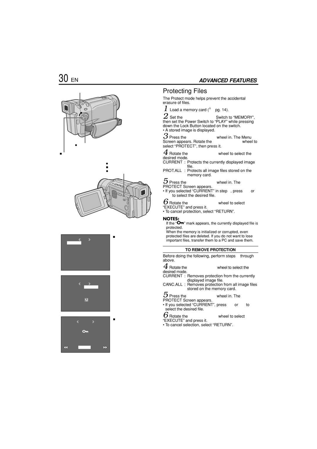 JVC GR-DVL822U 30 EN, Protecting Files, To Remove Protection, Protect mode helps prevent the accidental erasure of files 