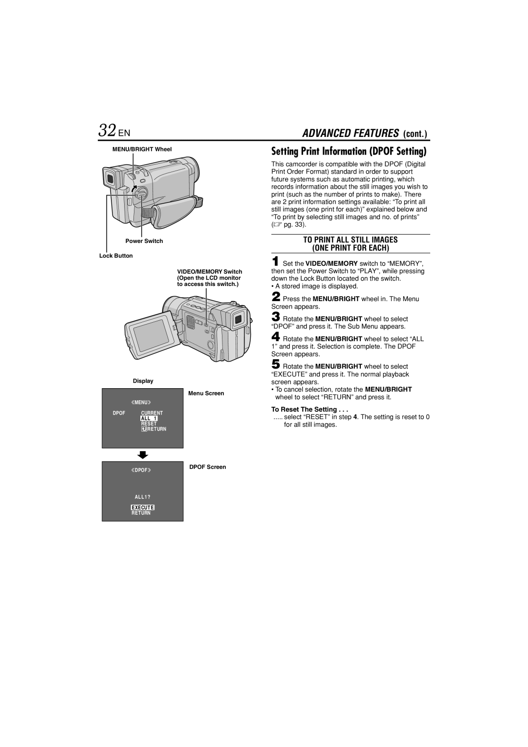 JVC GR-DVL822U specifications 32 EN, To Print ALL Still Images ONE Print for Each, To Reset The Setting, Dpof Screen 