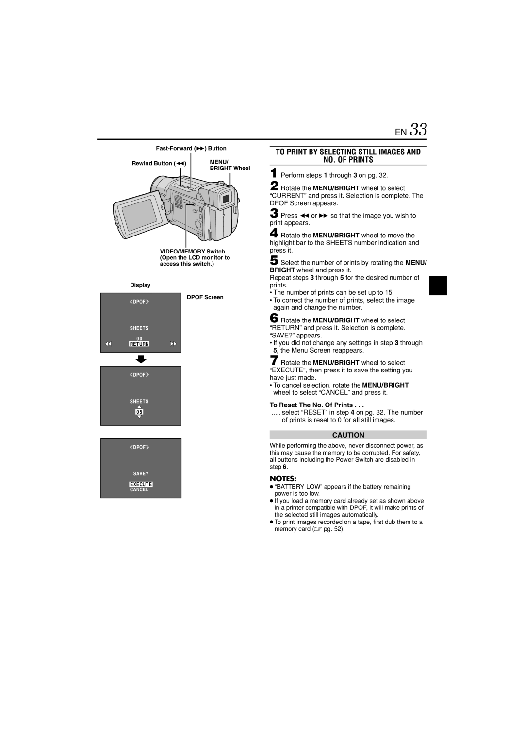 JVC GR-DVL822U specifications To Print by Selecting Still Images NO. of Prints, To Reset The No. Of Prints 