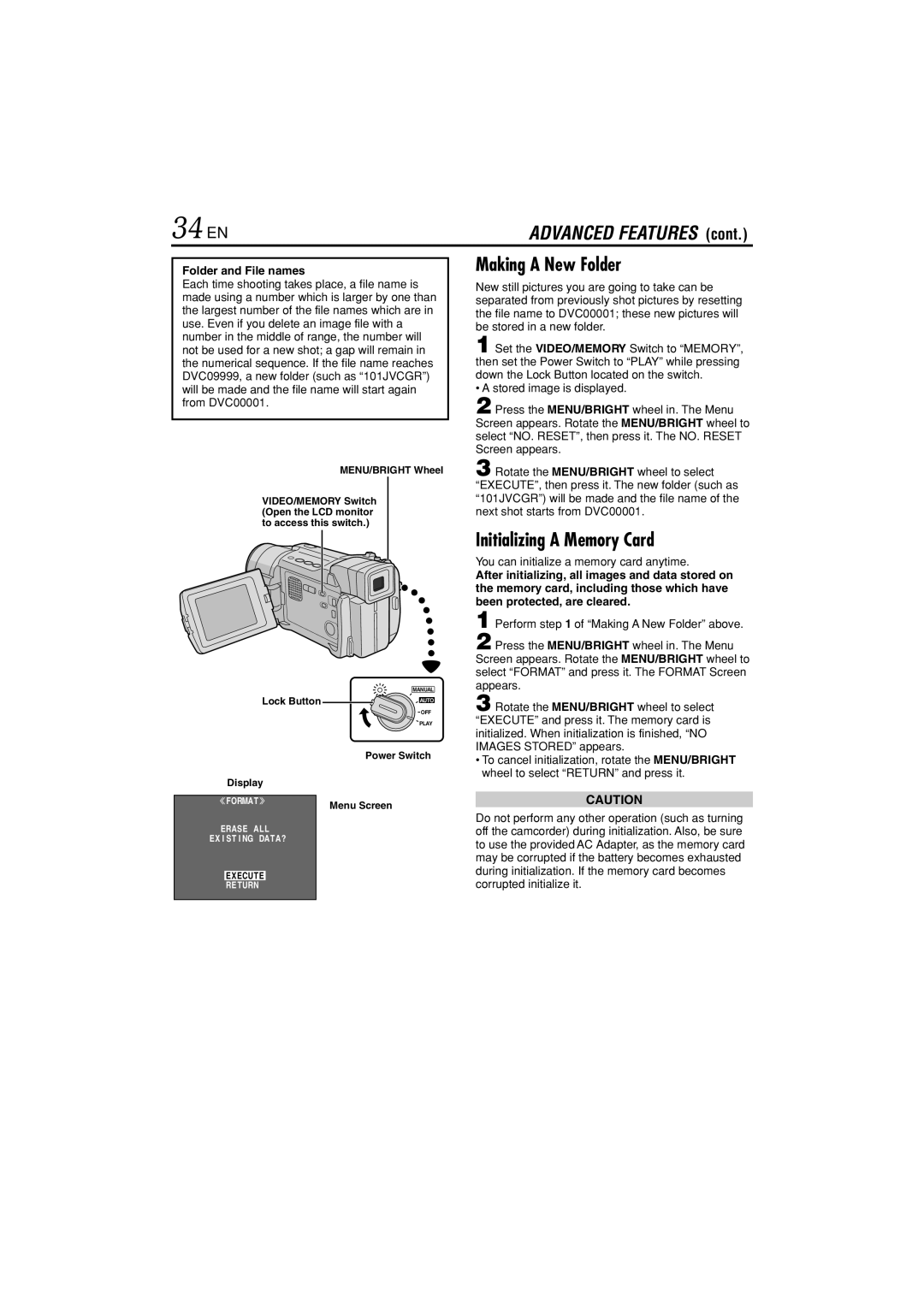 JVC GR-DVL822U specifications 34 EN, Making a New Folder, Initializing a Memory Card, Folder and File names 