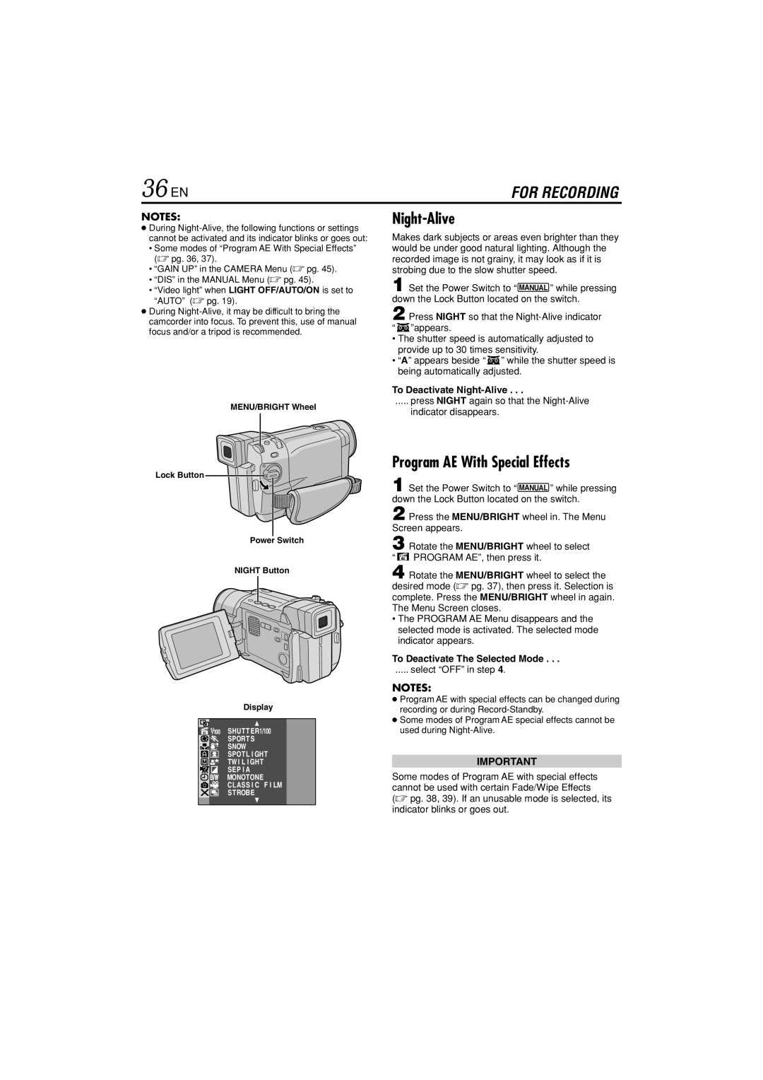 JVC GR-DVL822U 36 EN, Program AE With Special Effects, To Deactivate Night-Alive, To Deactivate The Selected Mode 