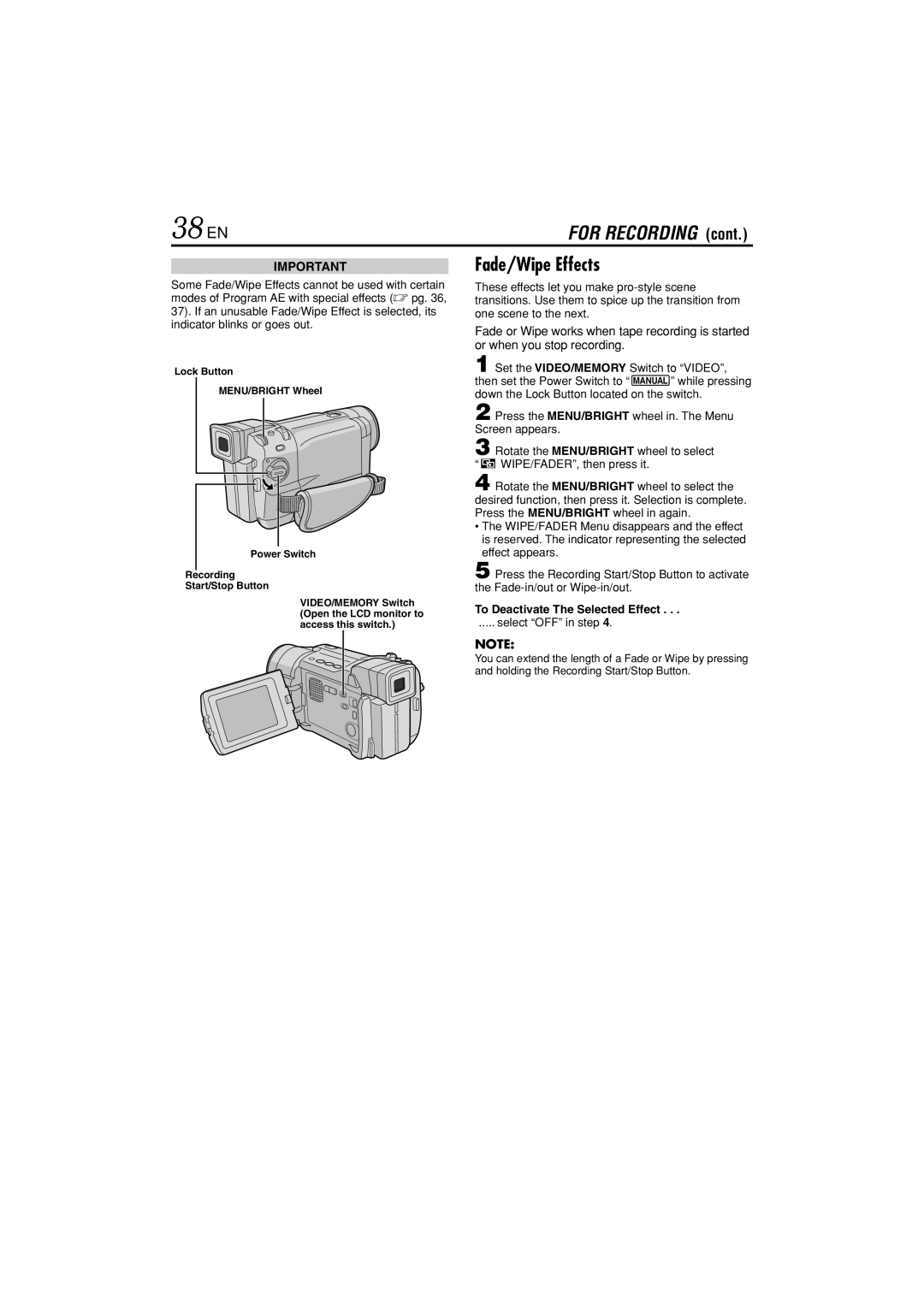 JVC GR-DVL822U 38 EN, Fade/Wipe Effects, Set the VIDEO/MEMORY Switch to Video, To Deactivate The Selected Effect 