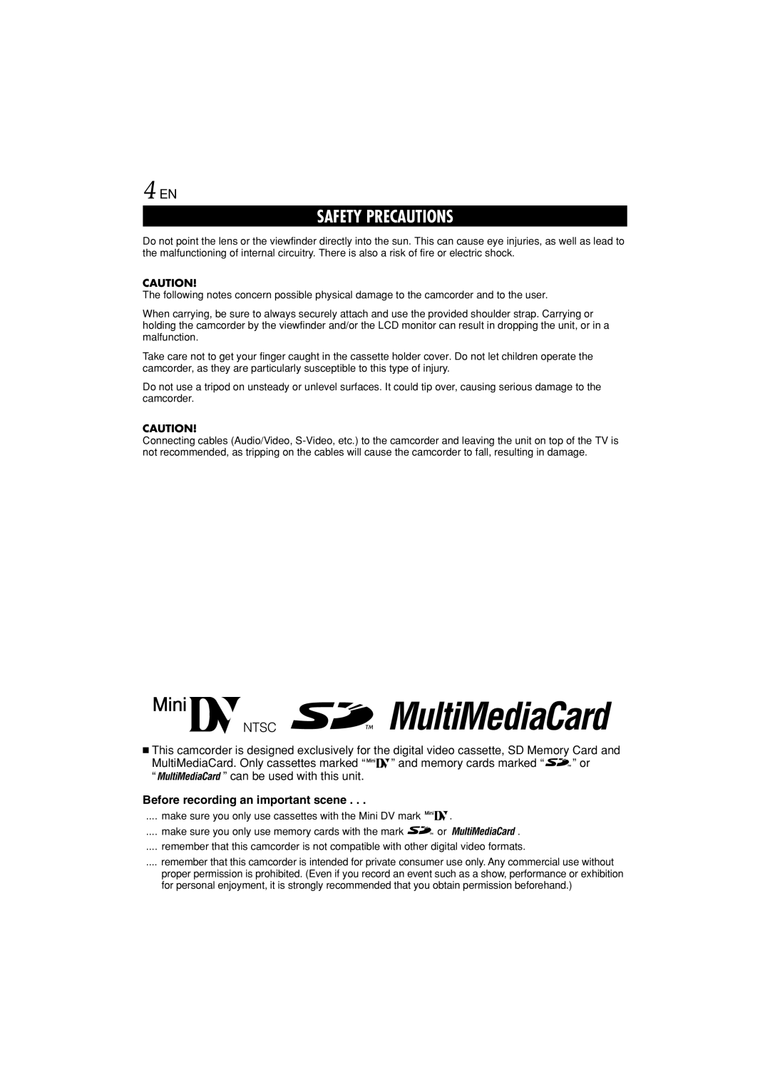 JVC GR-DVL822U specifications Before recording an important scene 